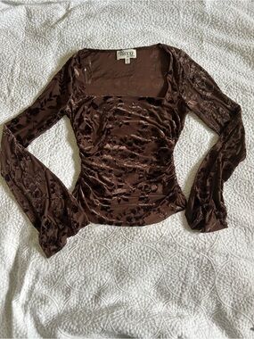 Trixxi Brown Velvet Floral Square Neck Long Sleeve Top